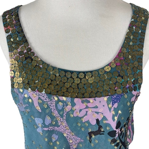 TIBI New York Silk Metallic Gold Teal Rabbit Woodland Forest Sleeveless Blouse 2 - Picture 2 of 15
